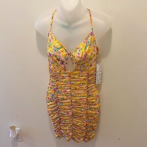 Almost Famous Floral Yellow Bodycon Dress Spring Easter XL Juniors NWT